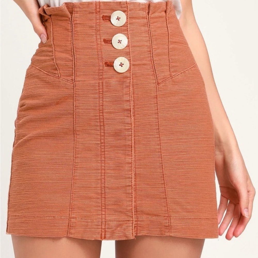 Free People Rust Orange Textured High Waisted Button Front Mini Skirt Size 2